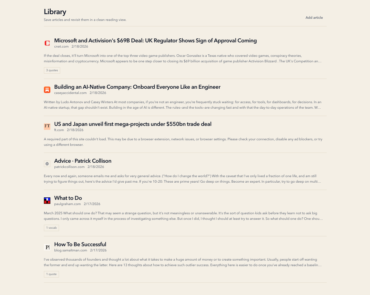 pathread library view with saved articles and highlight counts
